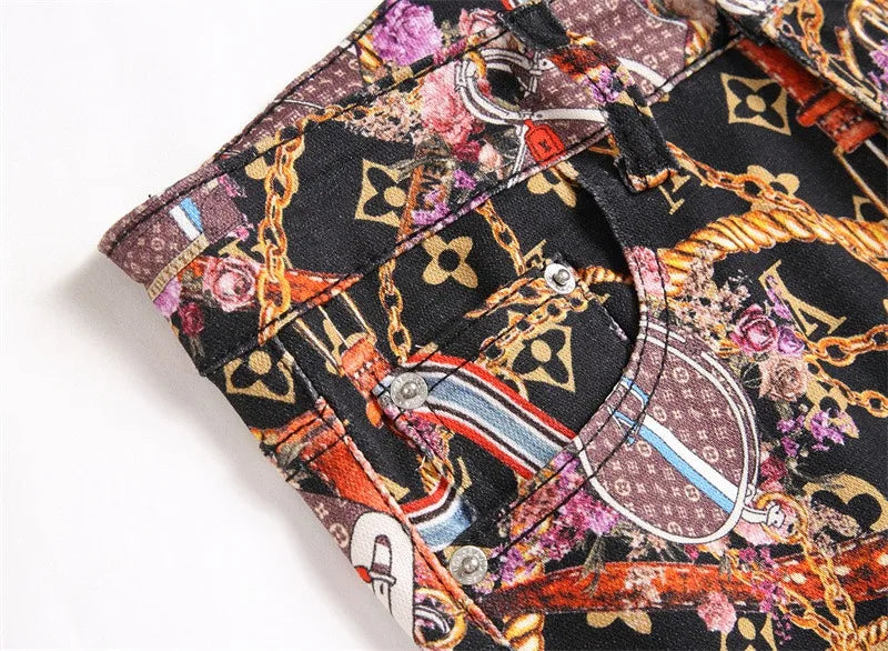 Men's Slim Fit Full Print Colorful Street Denim Jeans