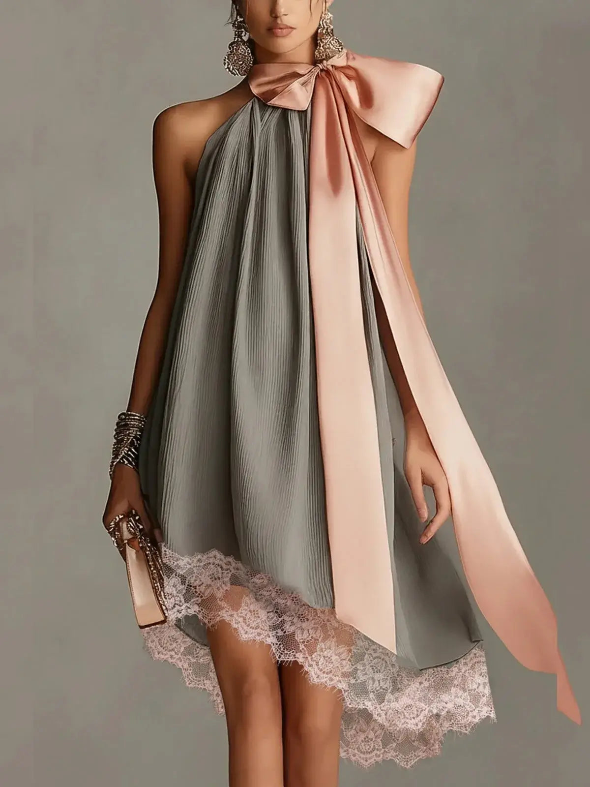 Women's Pink Satin Halter Mini Dress with Bow Tie