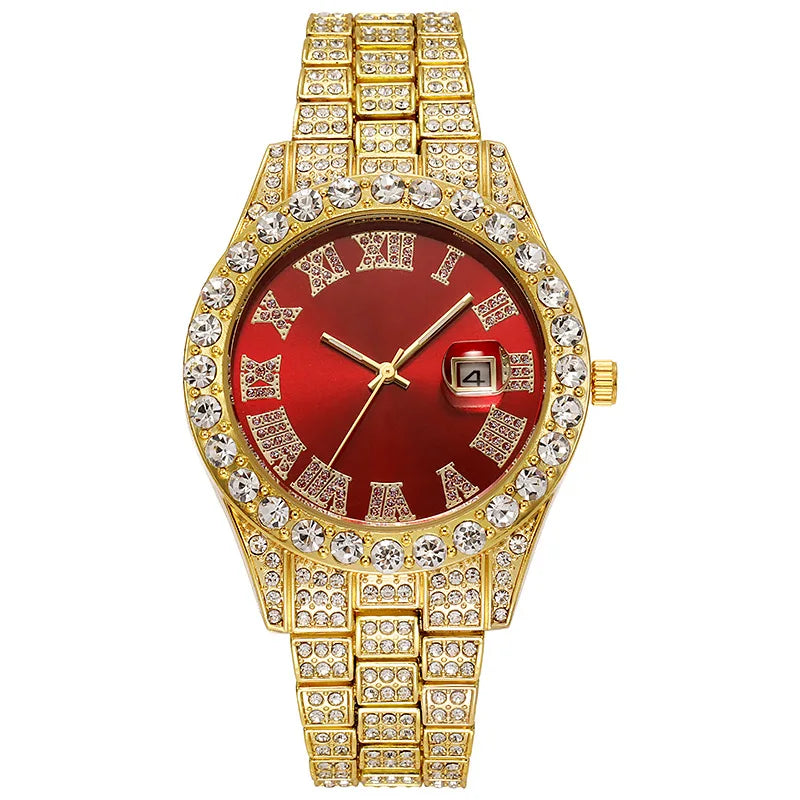 Men's Gold Steel Strap Roman Rhinestone Calendar Quartz Watch