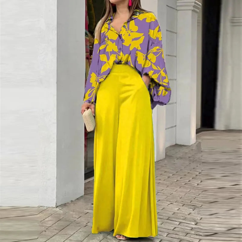 Women's Printed Shirt and Solid Pants Two-Piece Set