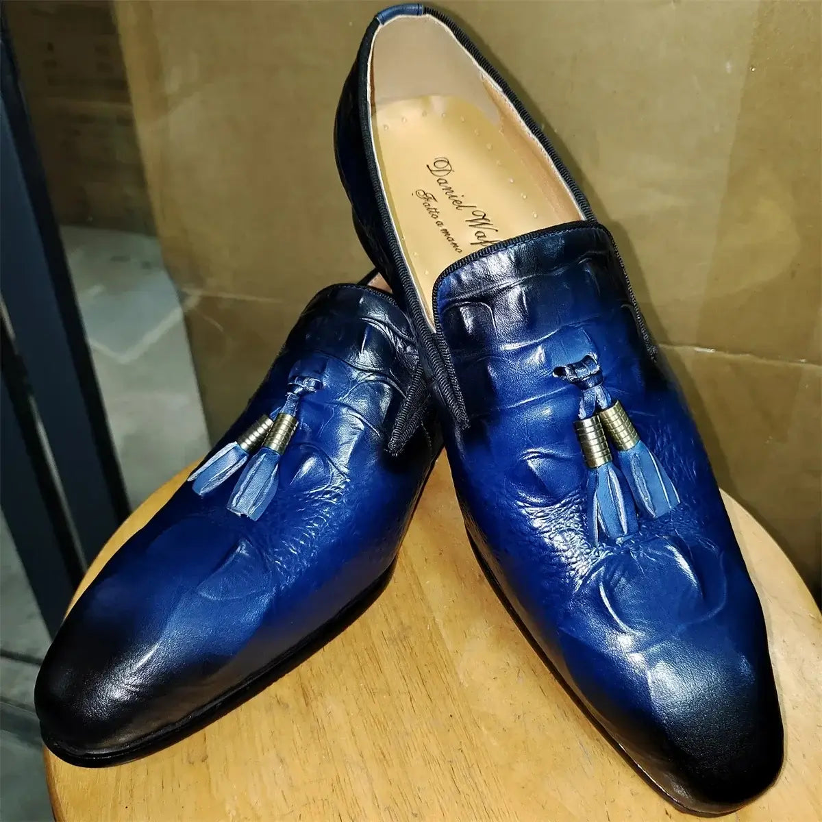 Men's Genuine Leather Black Tassel Loafers Formal Slip-On Dress Shoes