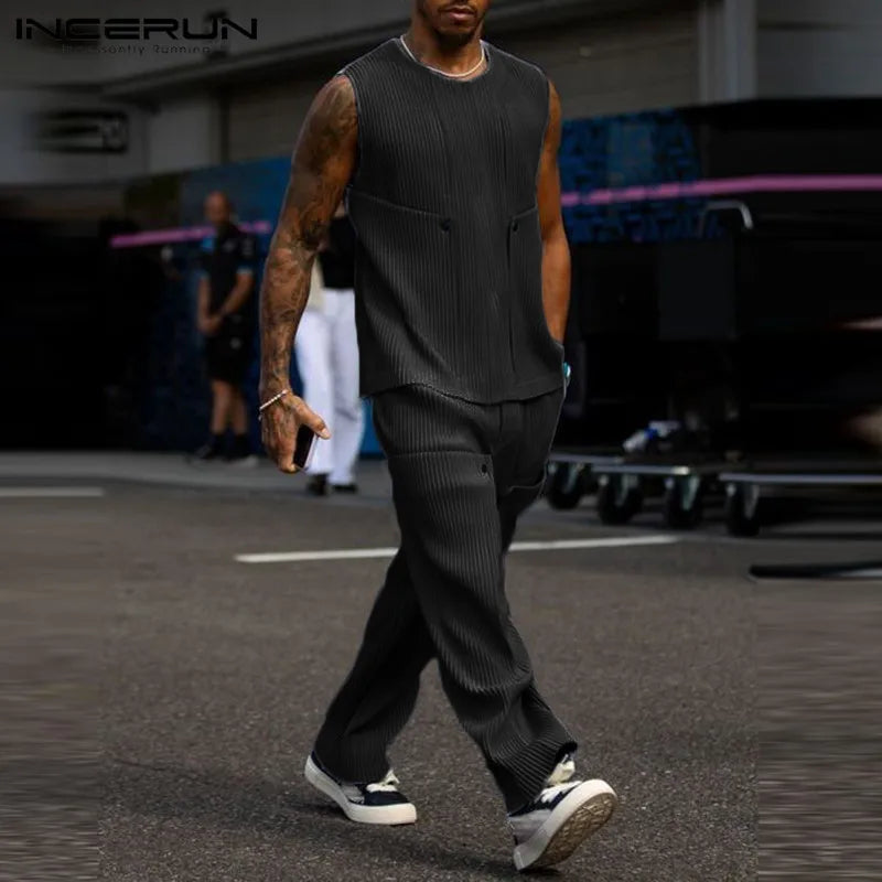 Men's Solid O-Neck Tank and Pants 2-Piece Summer Set