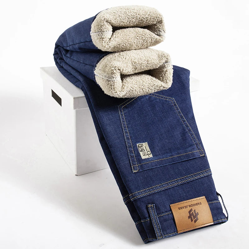 Men's Winter Fleece-Lined Lamb Denim Straight Stretch Jeans, Size 40
