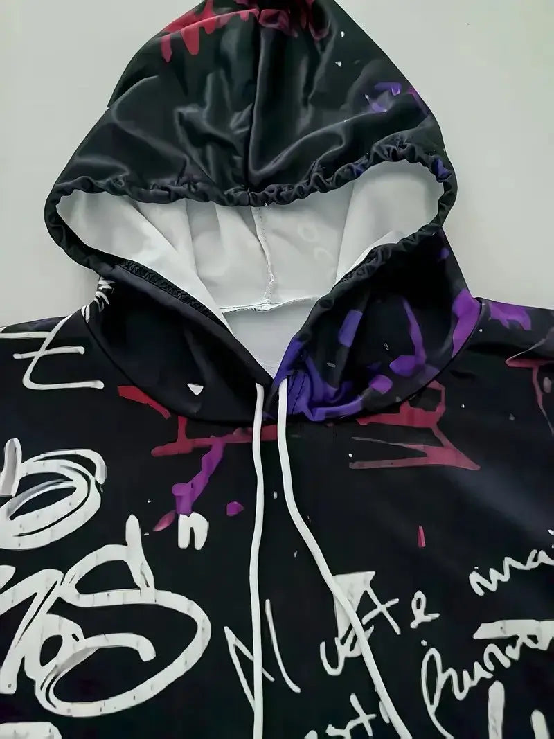 Men's Casual 3D Graffiti Print Hoodie and Pants Set, Spring Autumn