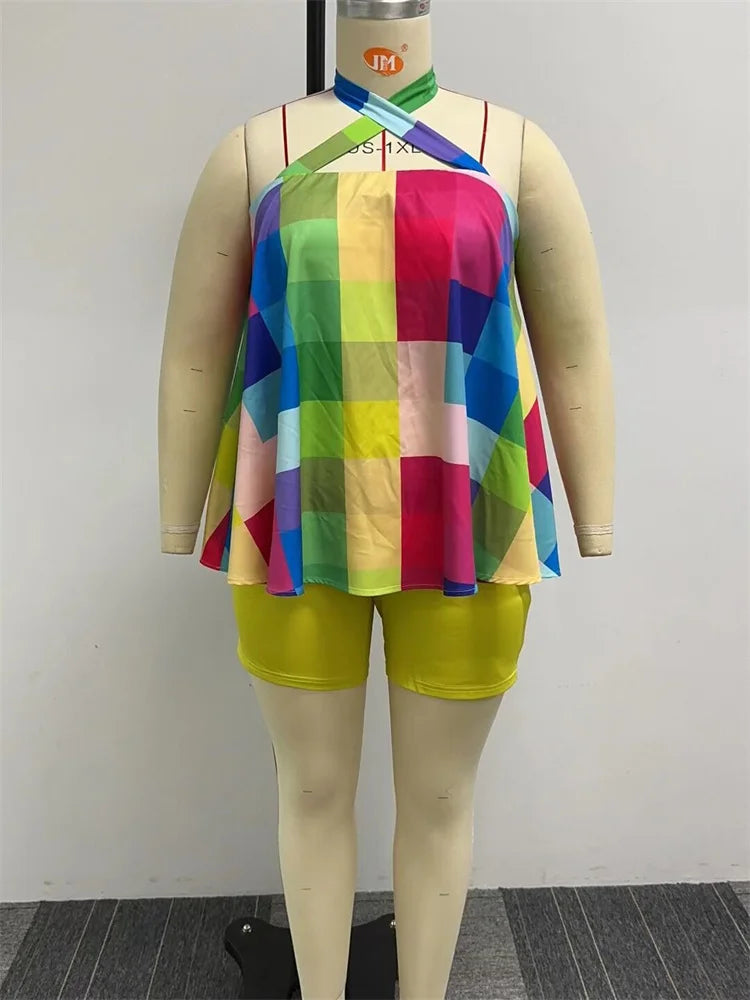 Women's Plus-Size Sleeveless Printed Short Top and Pants Beach Set