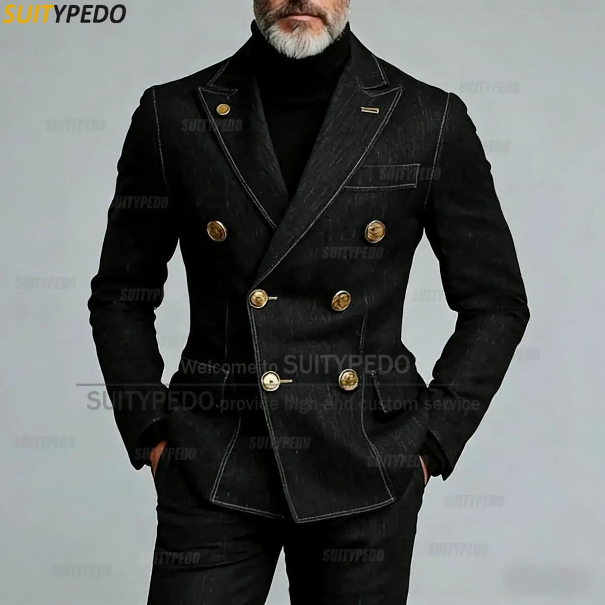 Men's Double-Breasted Peak Lapel Denim Two-Piece Suit