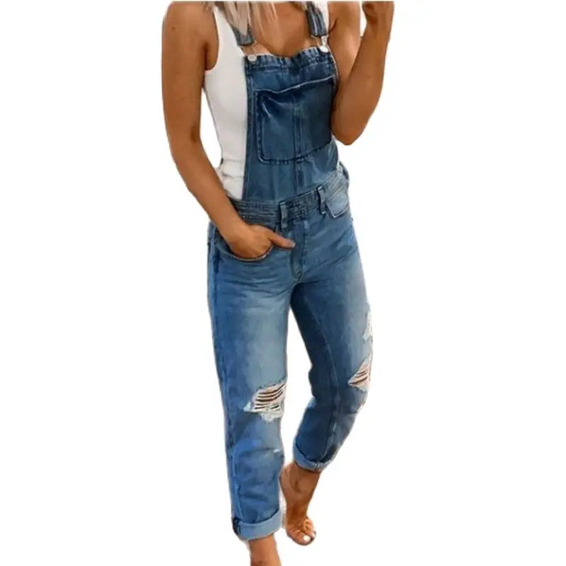 Women's Ripped Suspenders Denim Jumpsuit
