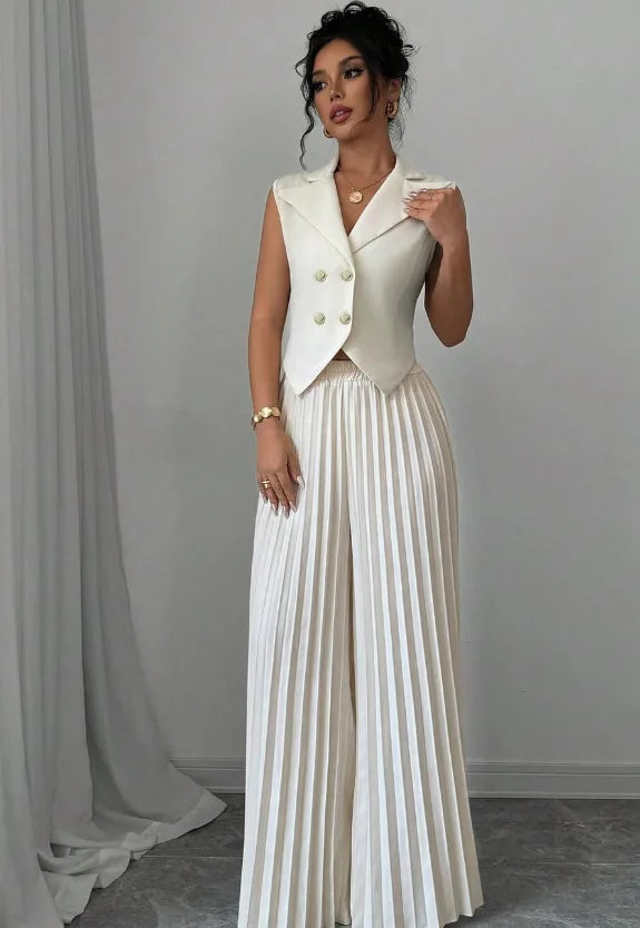 Women's Solid Lapel Sleeveless Top and Trousers Two-Piece Set