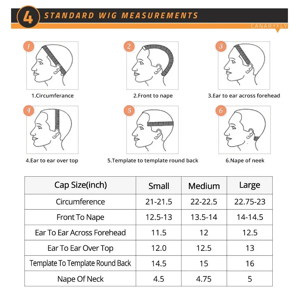 Standard wig measurements guide including cap sizes for small, medium, and large units for wigs.
