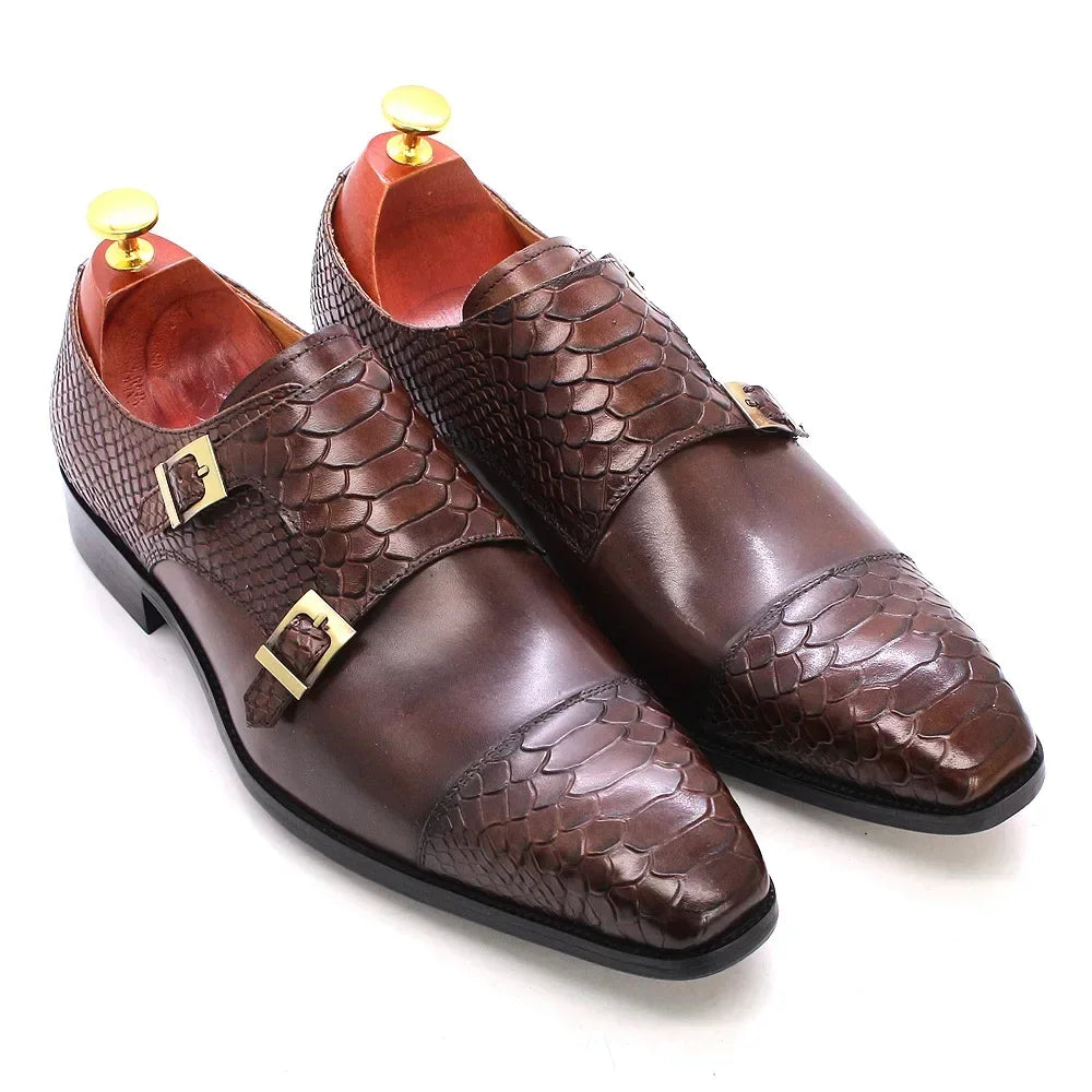 Men's Leather Double Buckle Monk Strap Snake Print Dress Shoes