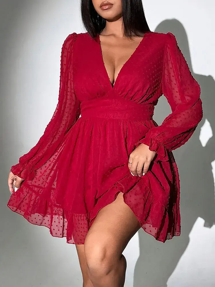 Women's Plus Size V-Neck Polka Dot A-Line Evening Dress