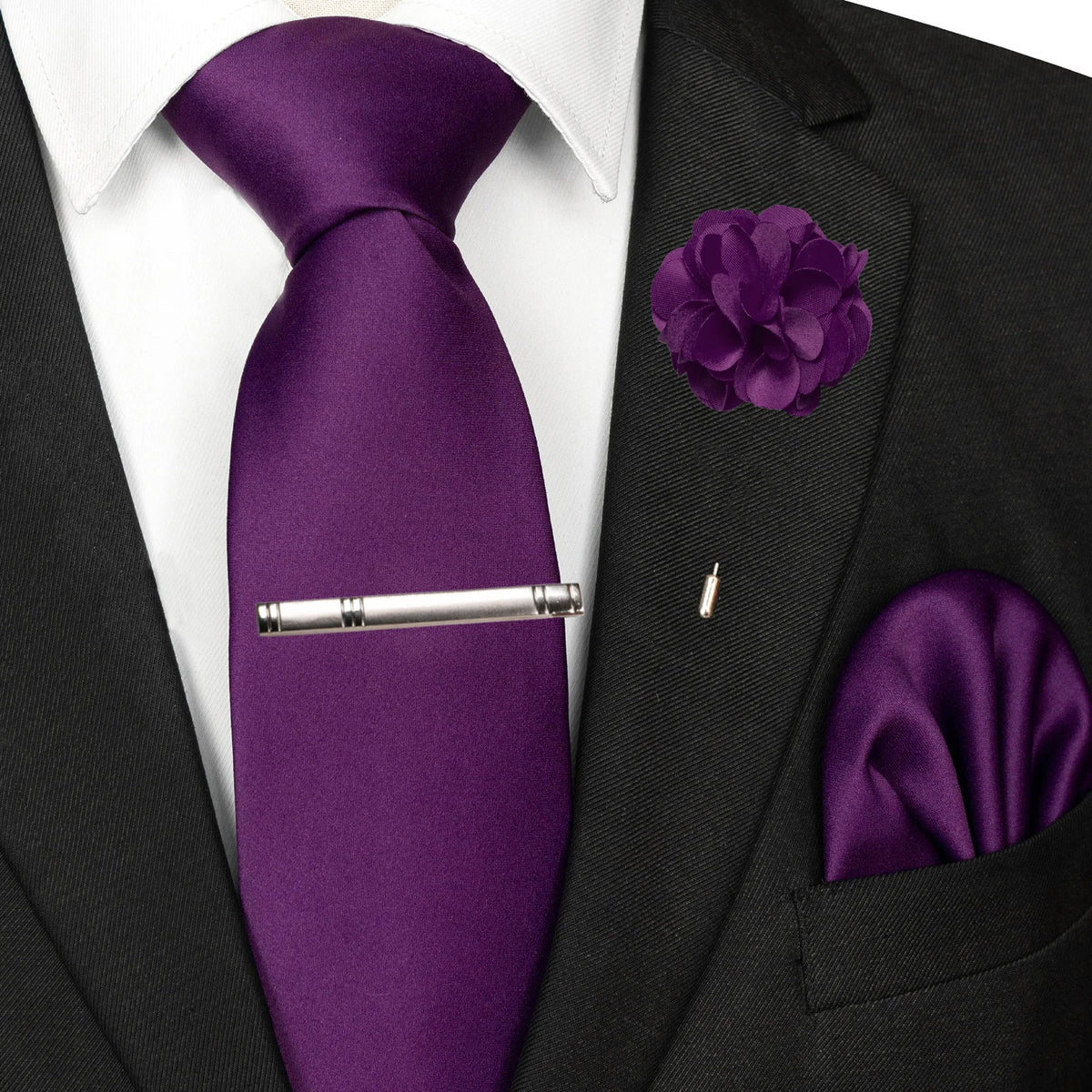 Men's Solid Color Tie Set with Lapel Pin and Pocket Square