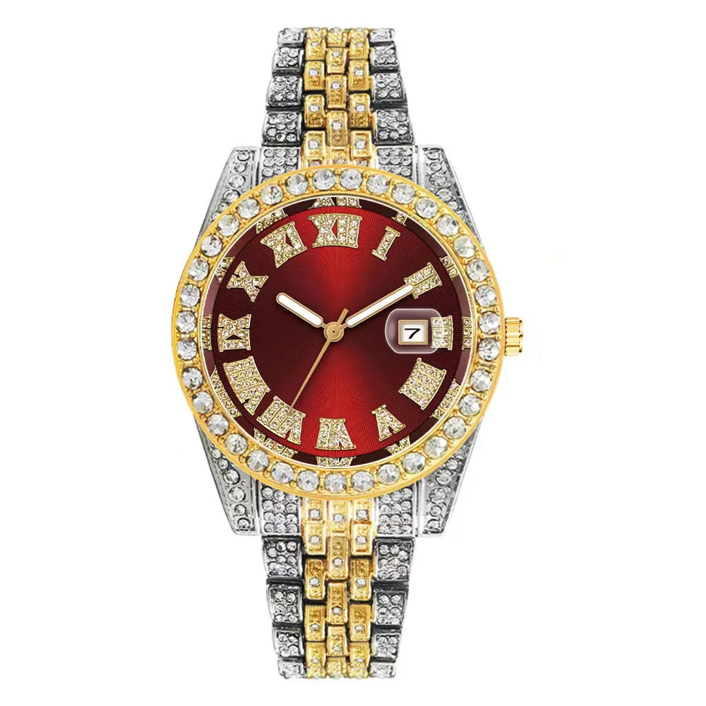 Men's Gold Stainless Steel Iced Rhinestone Calendar Hip Hop Watch