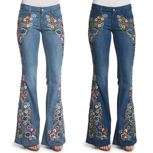 Women's Retro Floral Embroidered Denim Flare Palazzo Jeans