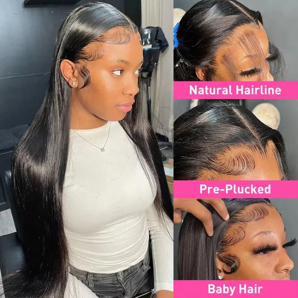 Image showcasing 13x6 HD Transparent Bone Straight Lace Frontal Wigs 5x5 Glueless Wear and Go Human Hair Wig 220 Density for Women 30 40 Inch.