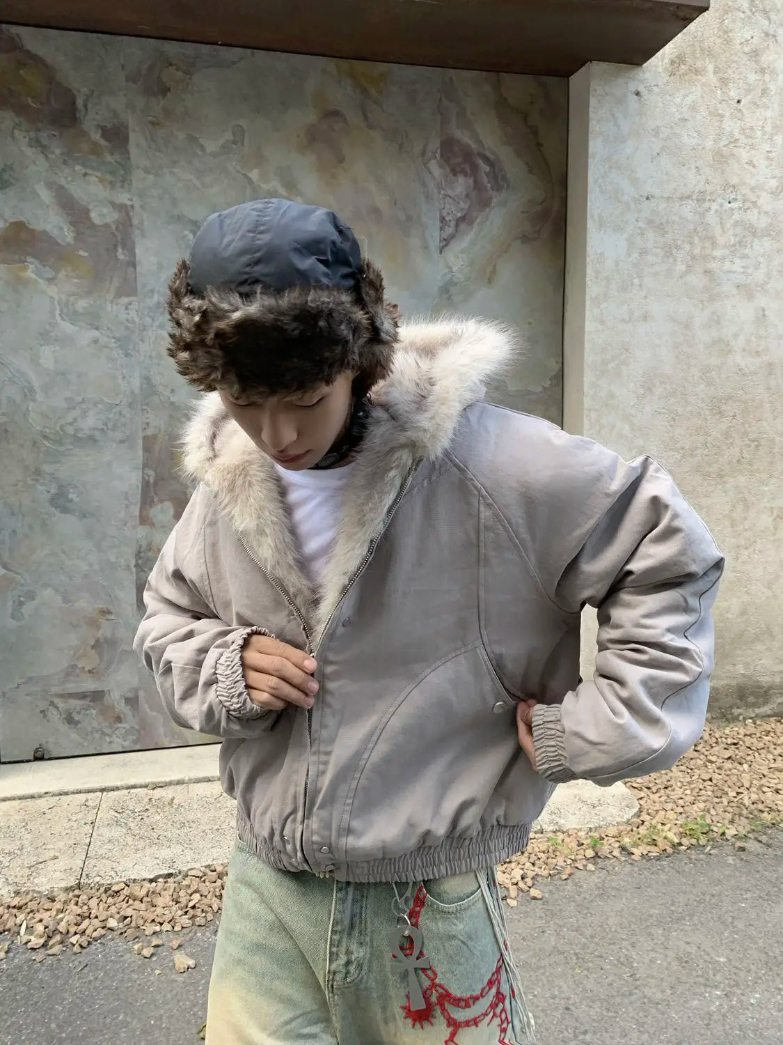Men's Wool Collar Hooded Winter Cotton Jacket