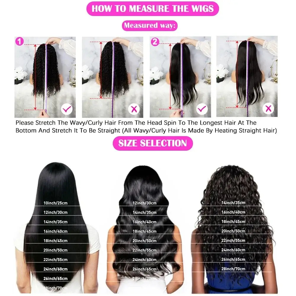 How to measure wigs, displaying wavy/curly hair lengths and size selection for accurate fitting.