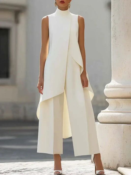 Women's Sleeveless High Neck Draped Wide-Leg Jumpsuit