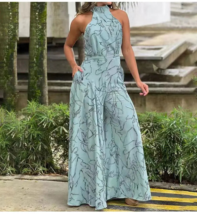 Women's Print Halter Wide-Leg Sleeveless Jumpsuit