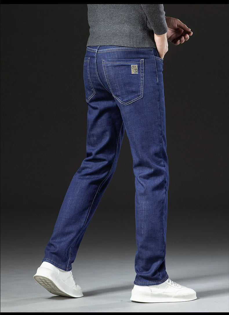 Men's Winter Fleece-Lined Lamb Denim Straight Stretch Jeans, Size 40