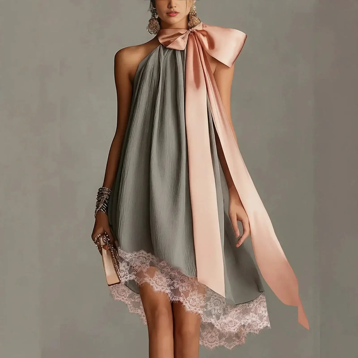 Women's Pink Satin Halter Mini Dress with Bow Tie