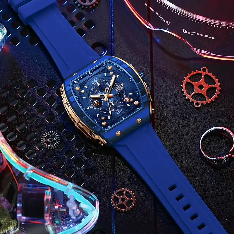 Men's blue dive chronograph watch alternate angle