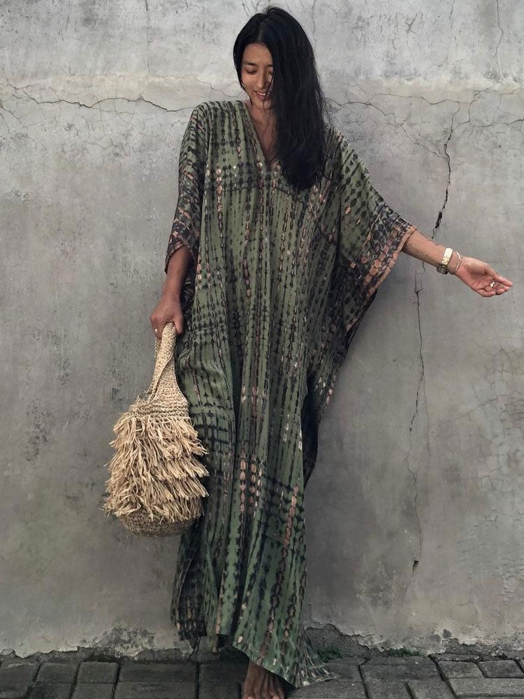 Women's Bohemian Printed V-Neck Batwing Split Maxi Dress