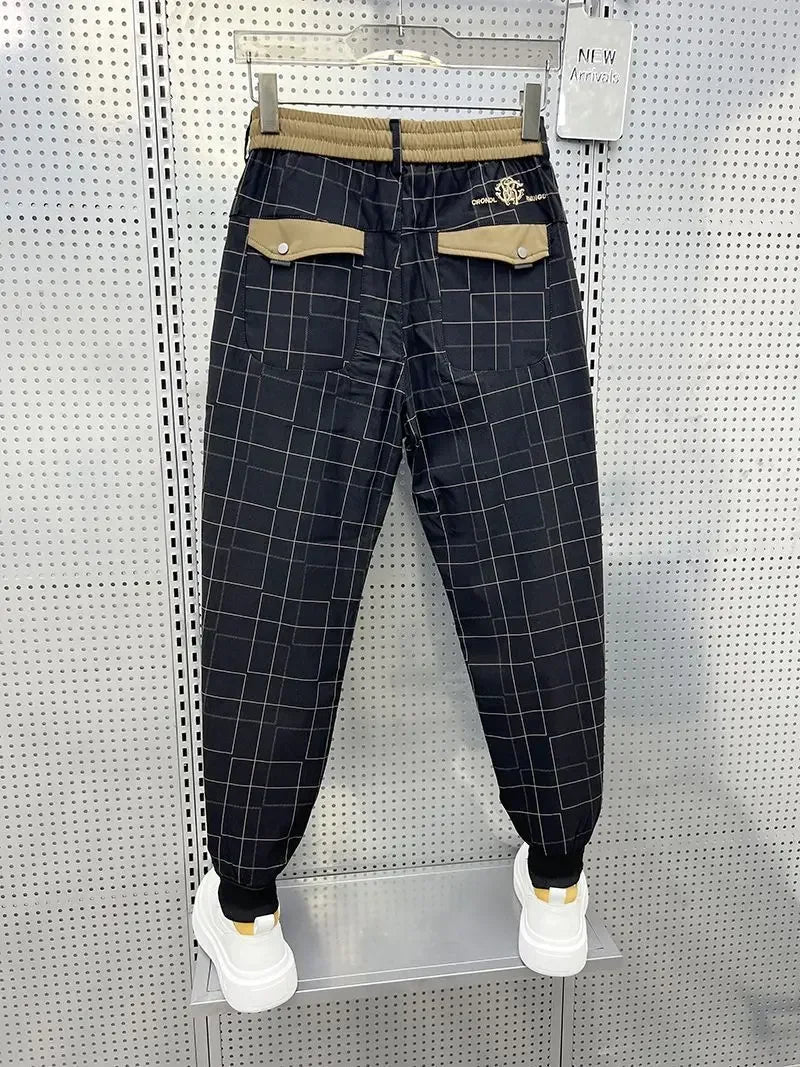 Men's Black Plaid Casual Pencil Trousers
