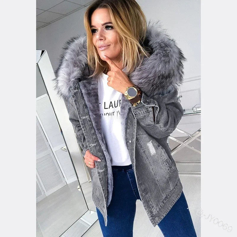 Women's Distressed Fur Collar Denim Jacket