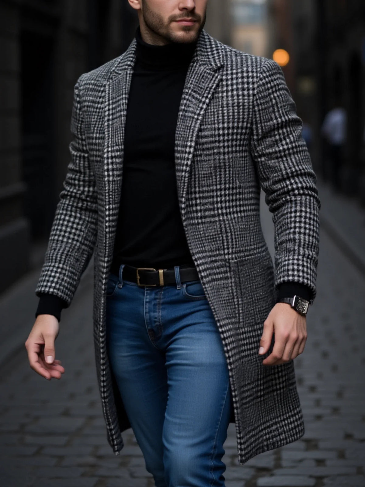 Men's Houndstooth Warm Winter Trench Coat
