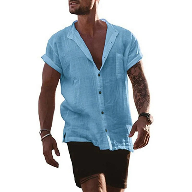 Men's Cotton Linen Short Sleeve Stand Collar Beach Shirt