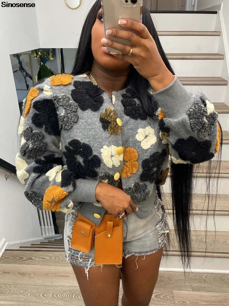 Women's Floral Print Puff-Sleeve Sherpa Fleece Bomber Jacket