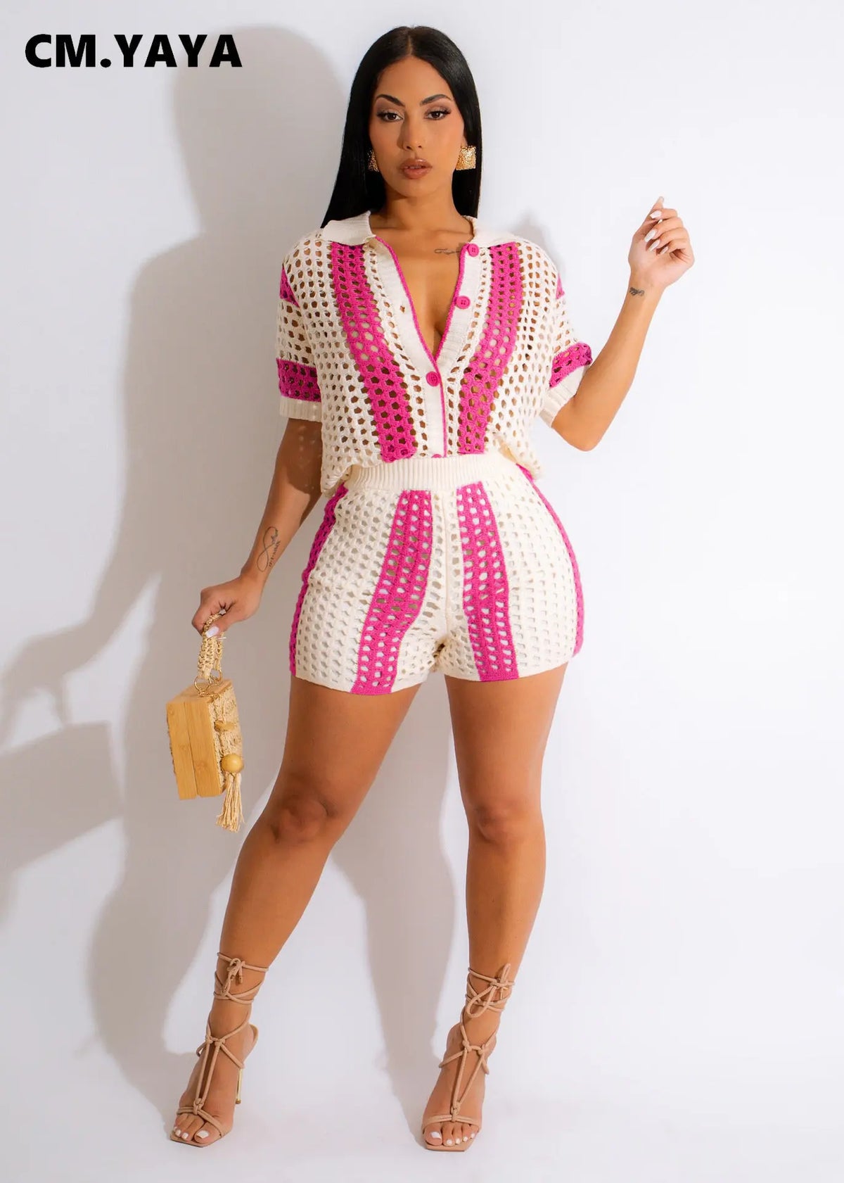 Women's Knit Ribbed Crochet Shirt and Shorts Two-Piece