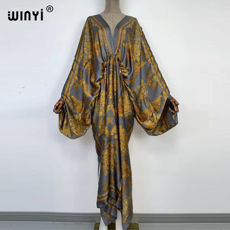 Women's Silk Rayon Print Bohemian V-Neck Beach Maxi Dress