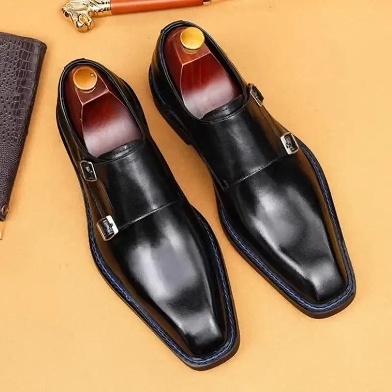 Men's Cowhide Square Toe Double Monk Strap Dress Shoes