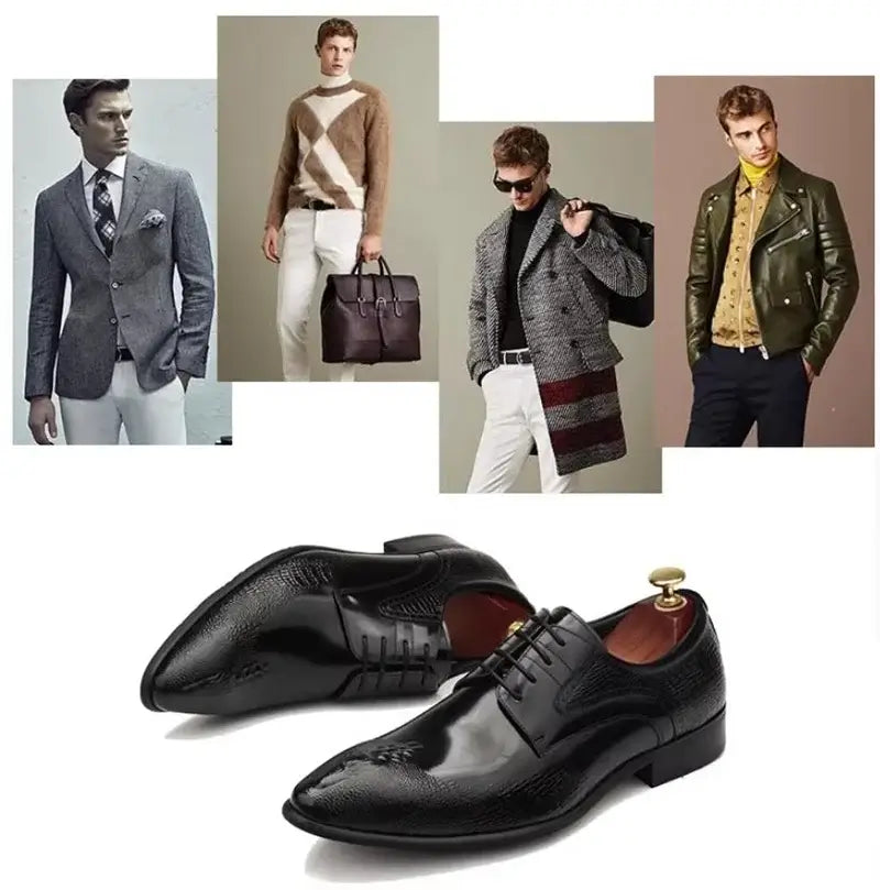 Men's Crocodile-Pattern Pointed Toe Leather Dress Shoes