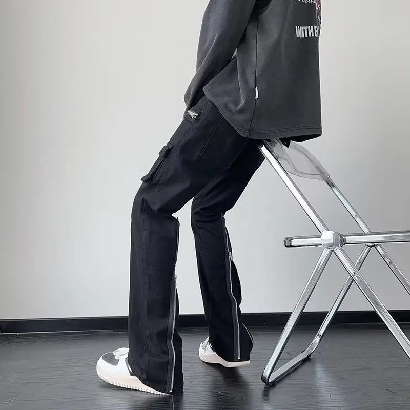 Men's Black Flared Zipper Cargo Jeans