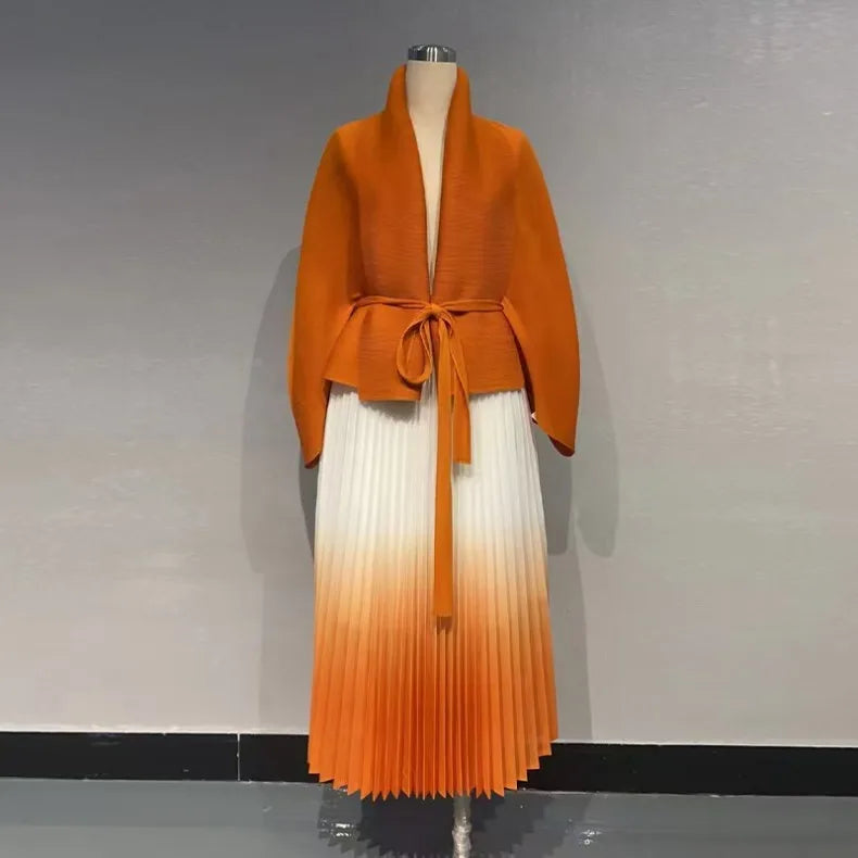 Women's Gradient Pleated Belted Top and A-Line Dress Set