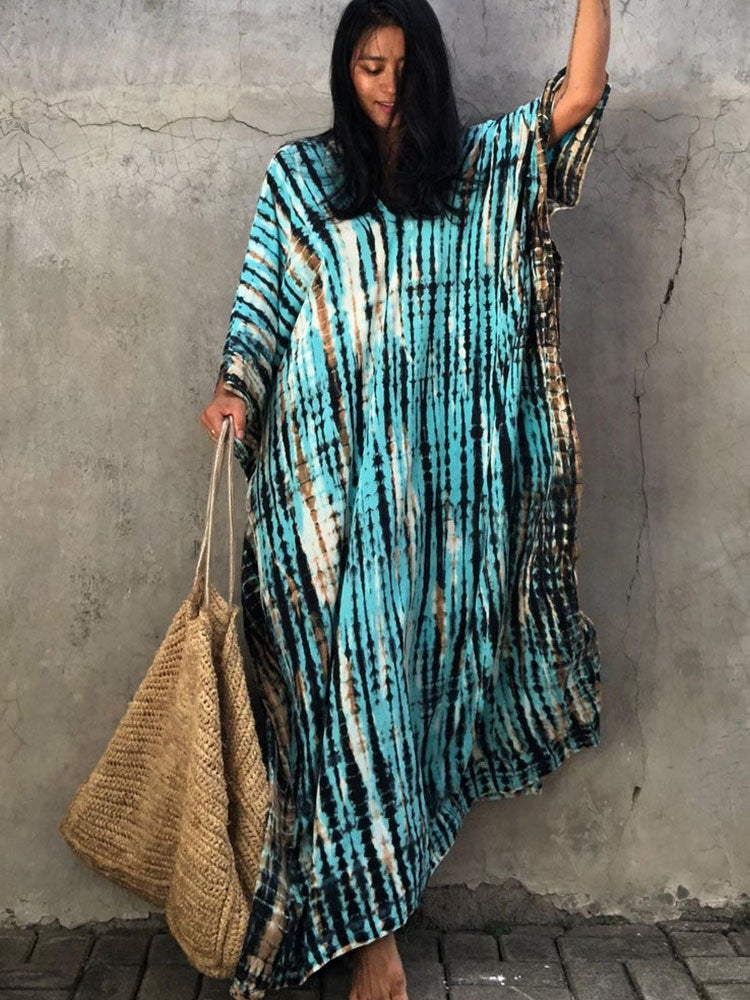 Women's Bohemian Printed V-Neck Batwing Split Maxi Dress