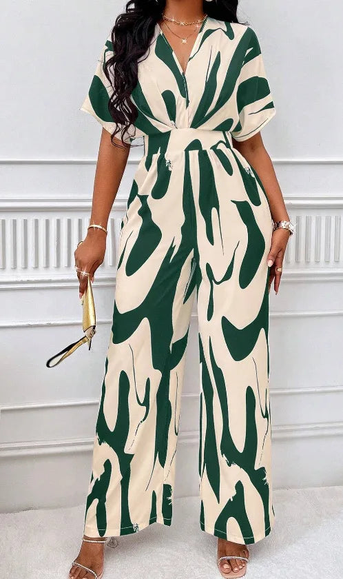 Women's V-Neck Short-Sleeve Printed Wide-Leg Jumpsuit