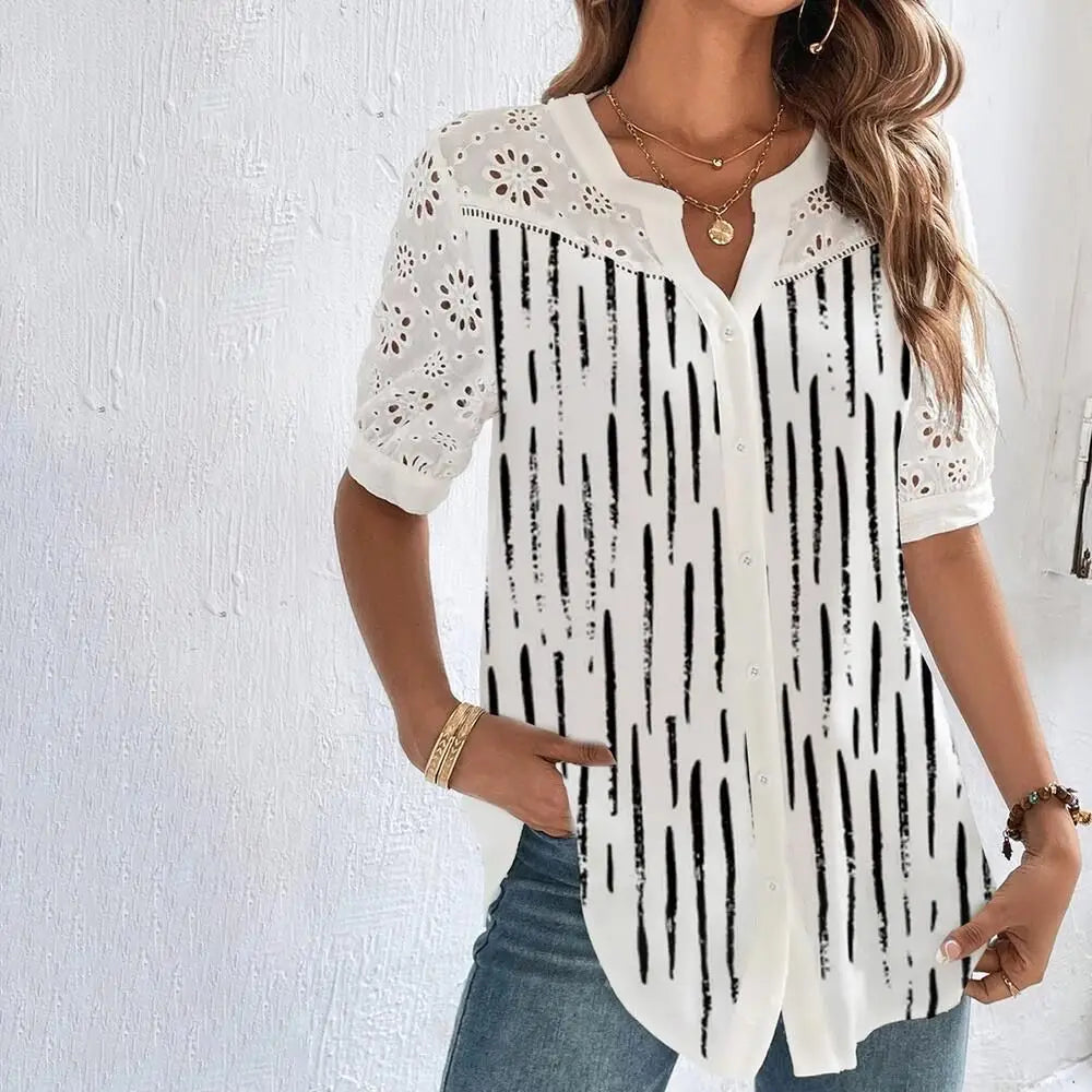Women's Casual Loose Short-Sleeve Lace Shirt, Elegant Holiday Blouse