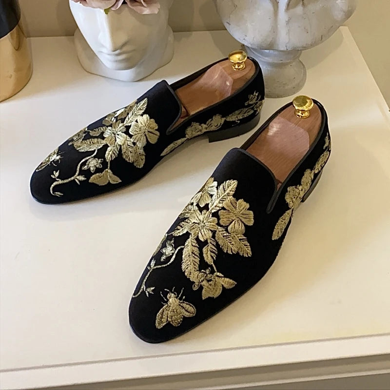 Men's Black Flock Embroidered Slip-On Dress Loafers