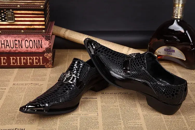 Men's Italian Snake Grain Pointed Leather Dress Shoes