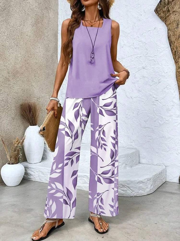 Women's Flower Stripe Two-Piece Set, Sleeveless Vest and Long Pants