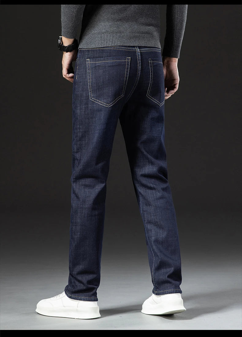 Men's Winter Fleece-Lined Lamb Denim Straight Stretch Jeans, Size 40