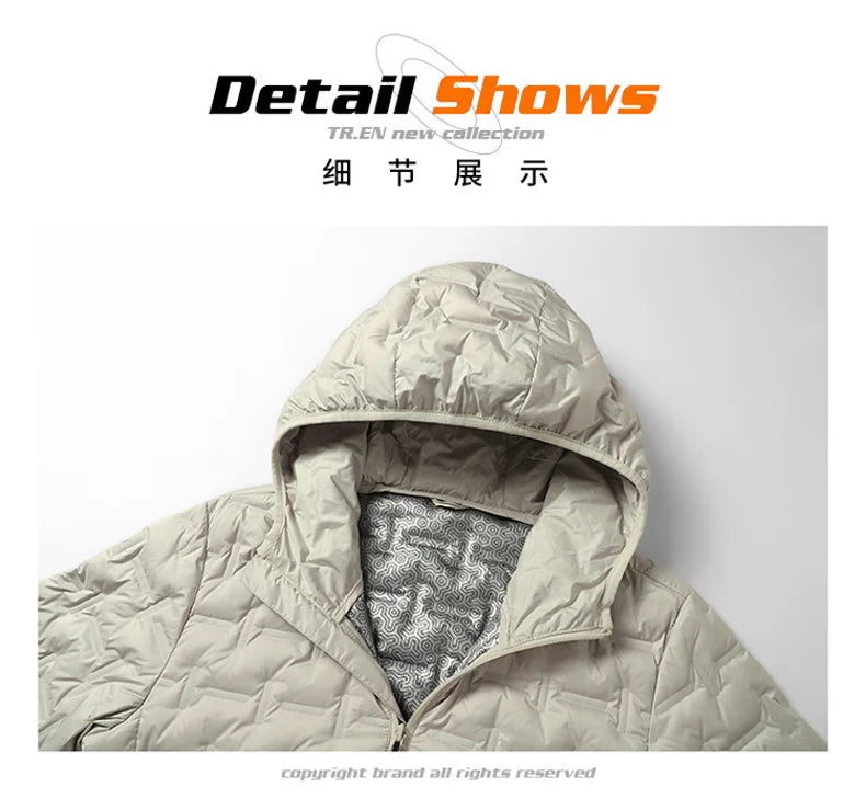 Men's Winter White Graphene Hooded Puffer Jacket, Windproof Down Coat