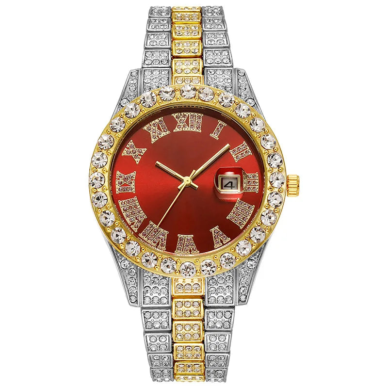 Men's Gold Stainless Steel Iced Rhinestone Calendar Hip Hop Watch