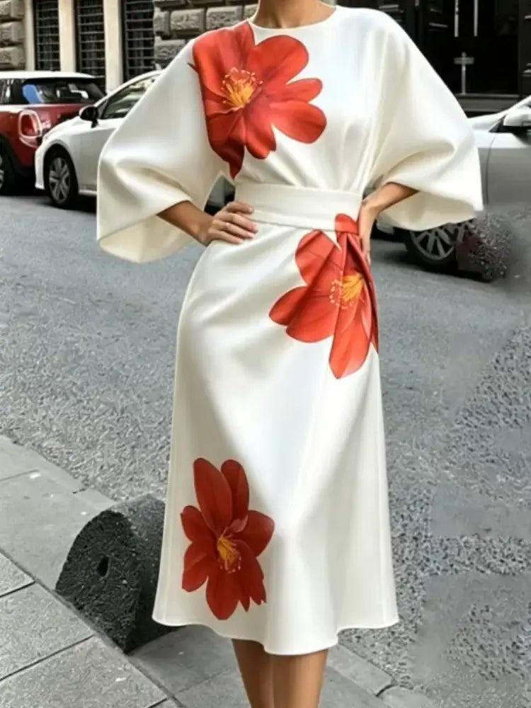 Women's Satin Tie-Dye Puff Sleeve High-Waist Dress
