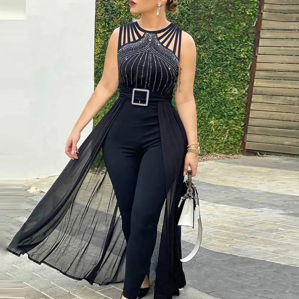 Women's Rhinestone Mesh Sleeveless Floor-Length Red Jumpsuit