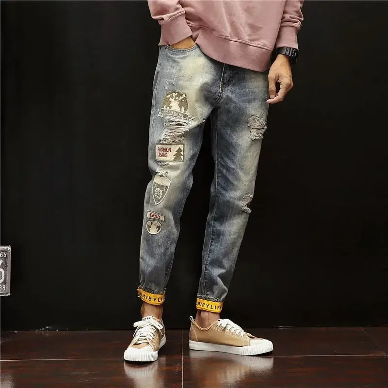 Men's Tapered Ripped Print Jeans, Plus-Size Washed Retro Distressed Denim